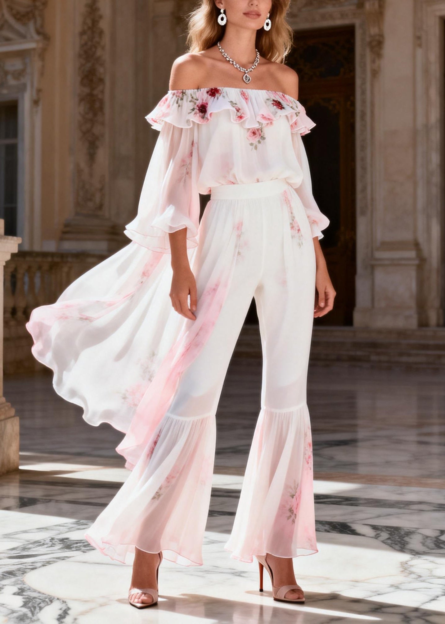 Gradient Color Slash Neck Print Chiffon Top And Flared Trousers Two Pieces Set Long Sleeve