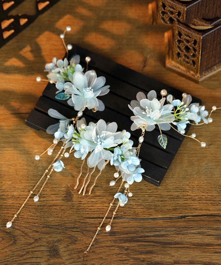 Gradient Color Sterling Silver Overgild Floral Tassel Hairpin Two-Piece Set