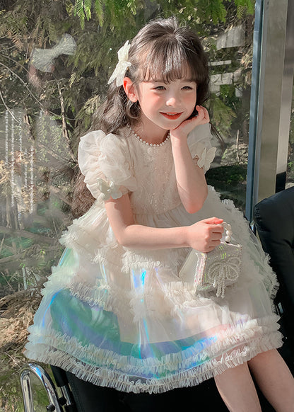 Gradient Color White Ruffled Patchwork Nail Bead Tulle Kids Long Dress Short Sleeve