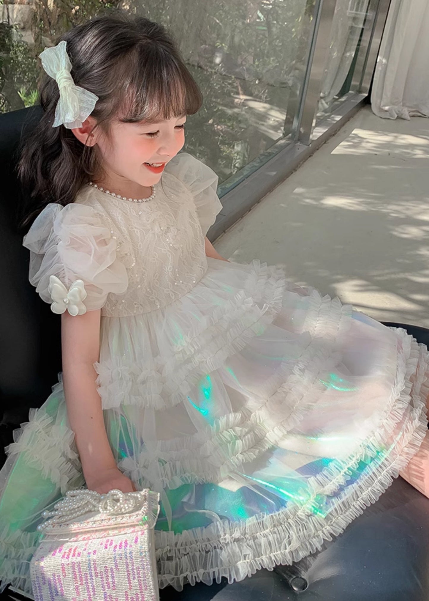 Gradient Color White Ruffled Patchwork Nail Bead Tulle Kids Long Dress Short Sleeve