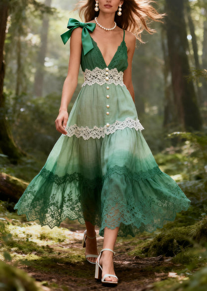 Gradient Green Patchwork Lace Maxi Dresses Fine Pearl Summer