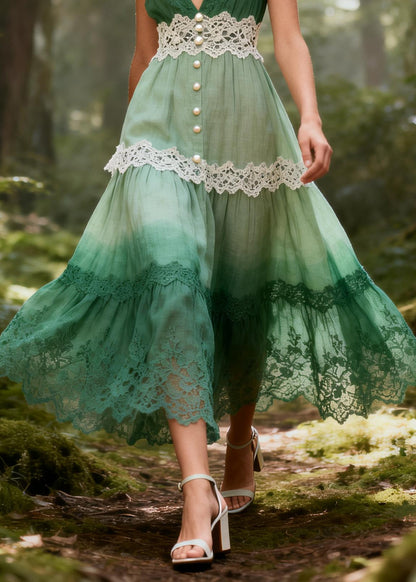 Gradient Green Patchwork Lace Maxi Dresses Fine Pearl Summer