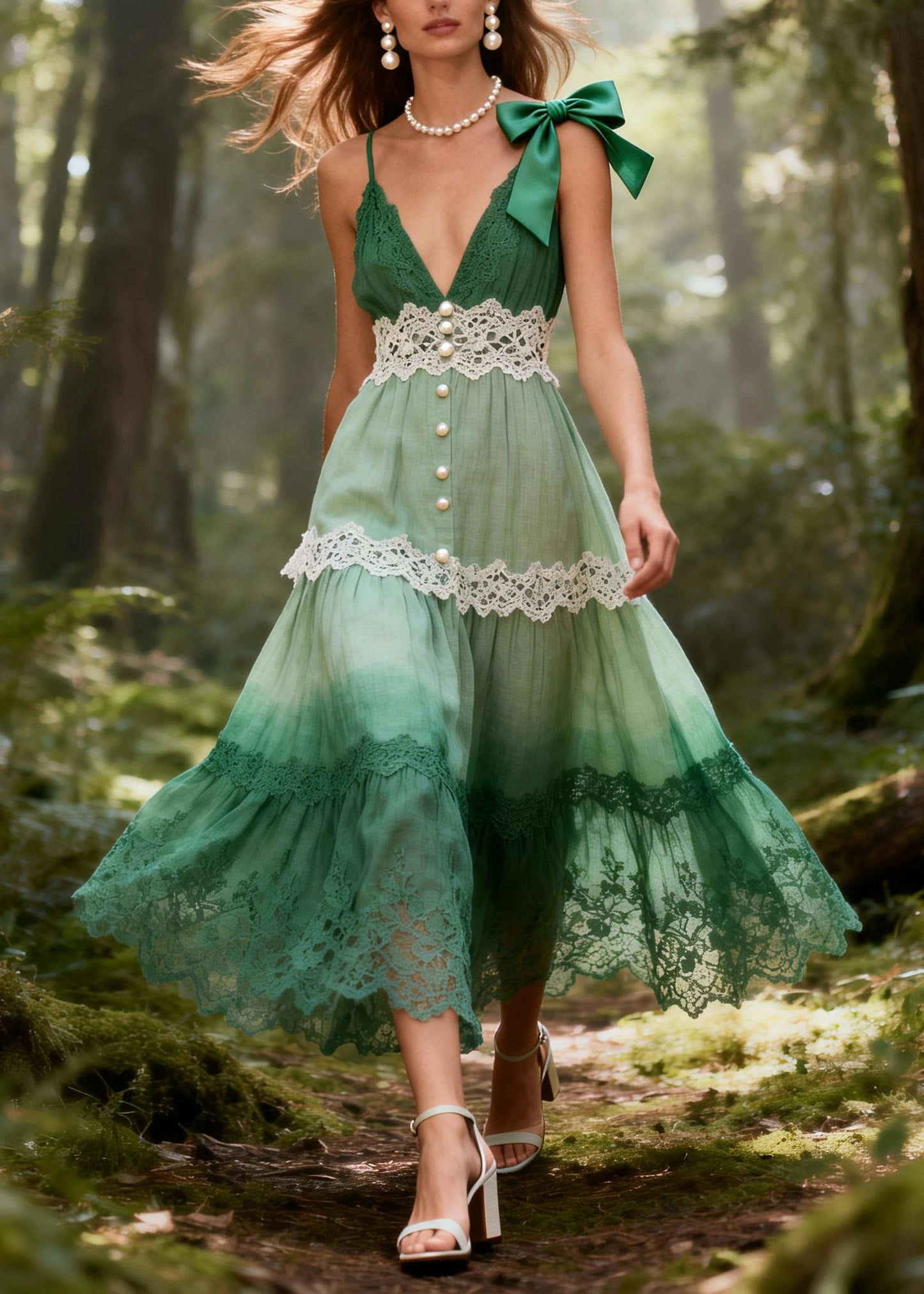 Gradient Green Patchwork Lace Maxi Dresses Fine Pearl Summer