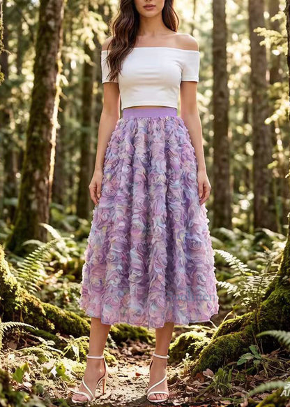 Gradient Purple Floral Elastic Waist Tulle Holiday Skirt Spring