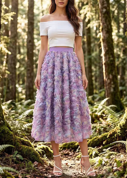 Gradient Purple Floral Elastic Waist Tulle Holiday Skirt Spring