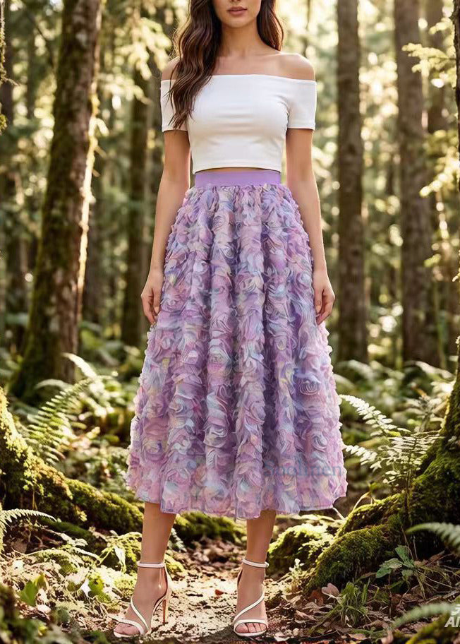 Gradient Purple Floral Elastic Waist Tulle Holiday Skirt Spring