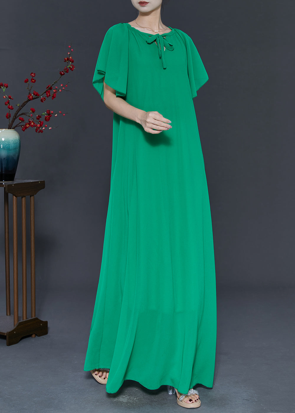Grass Green Chiffon A Line Dresses Tie Waist Summer