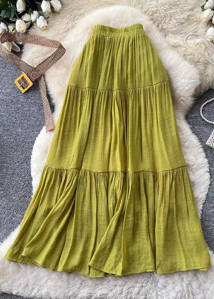 Grass Green Cotton Skirts Elastic Waist Wrinkled Summer