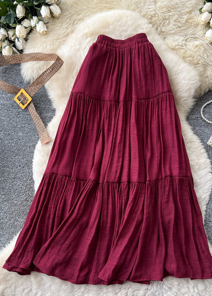 Grass Green Cotton Skirts Elastic Waist Wrinkled Summer