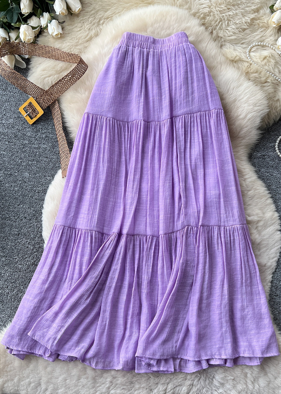 Grass Green Cotton Skirts Elastic Waist Wrinkled Summer