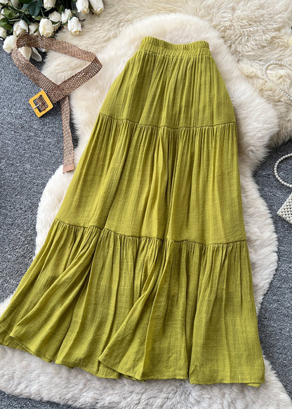 Grass Green Cotton Skirts Elastic Waist Wrinkled Summer