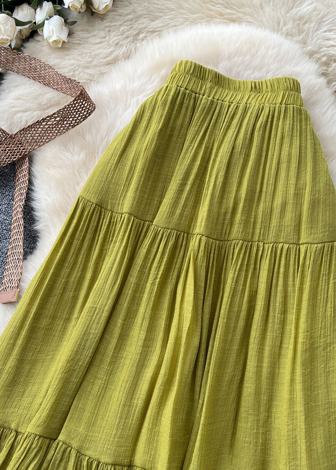 Grass Green Cotton Skirts Elastic Waist Wrinkled Summer