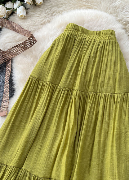 Grass Green Cotton Skirts Elastic Waist Wrinkled Summer