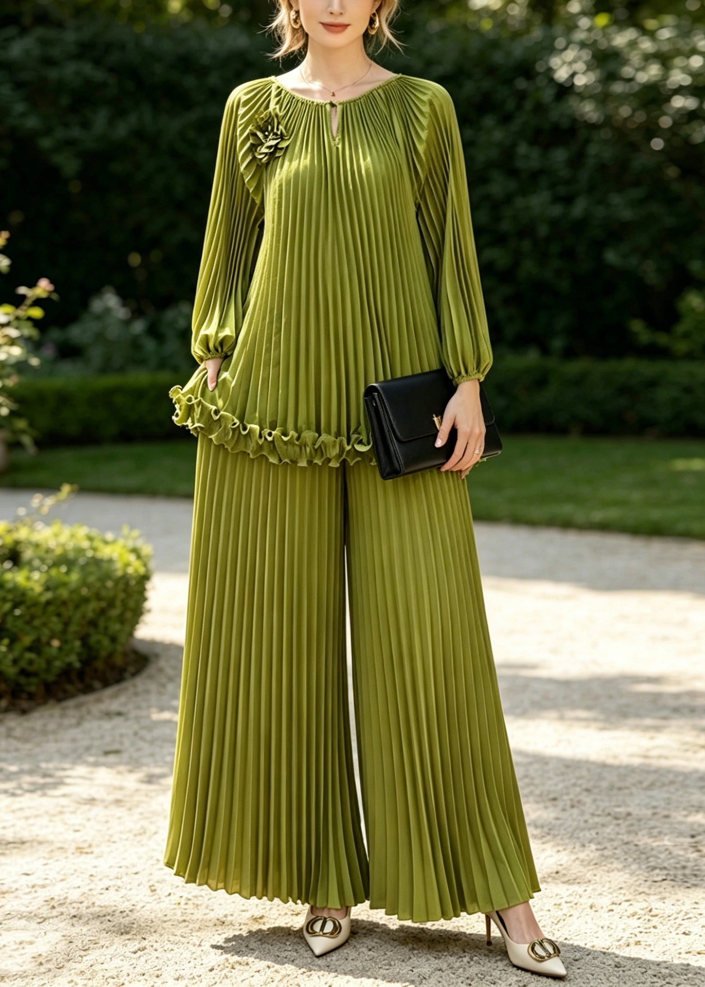 Grass Green Draping Chiffon Two Piece Set Women Clothing Wrinkled Spring
