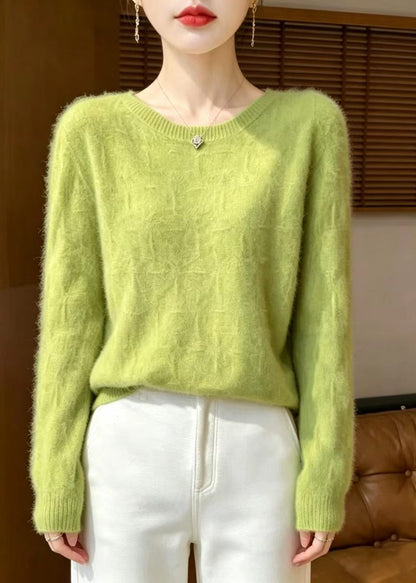 Grass Green Knitted Cotton Thread Pullover O-Neck Long Sleeve