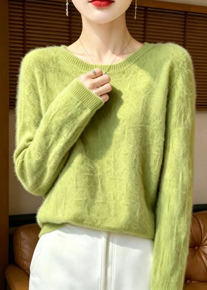 Grass Green Knitted Cotton Thread Pullover O-Neck Long Sleeve