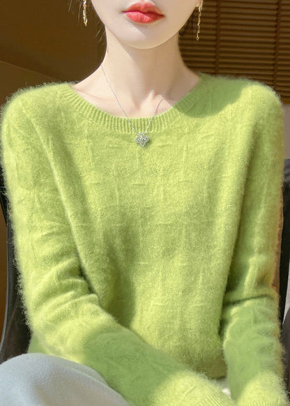 Grass Green Knitted Cotton Thread Pullover O-Neck Long Sleeve
