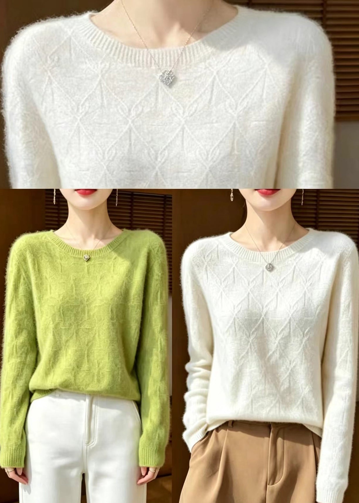 Grass Green Knitted Cotton Thread Pullover O-Neck Long Sleeve
