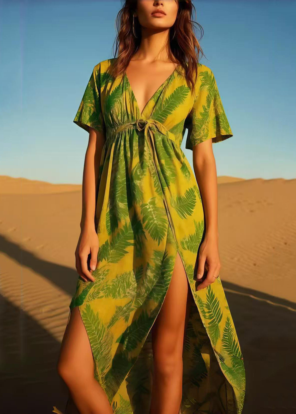 Grass Green Leaf Print Cotton Dress Asymmetrical Design Summer