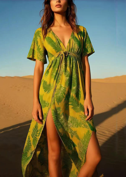 Grass Green Leaf Print Cotton Dress Asymmetrical Design Summer