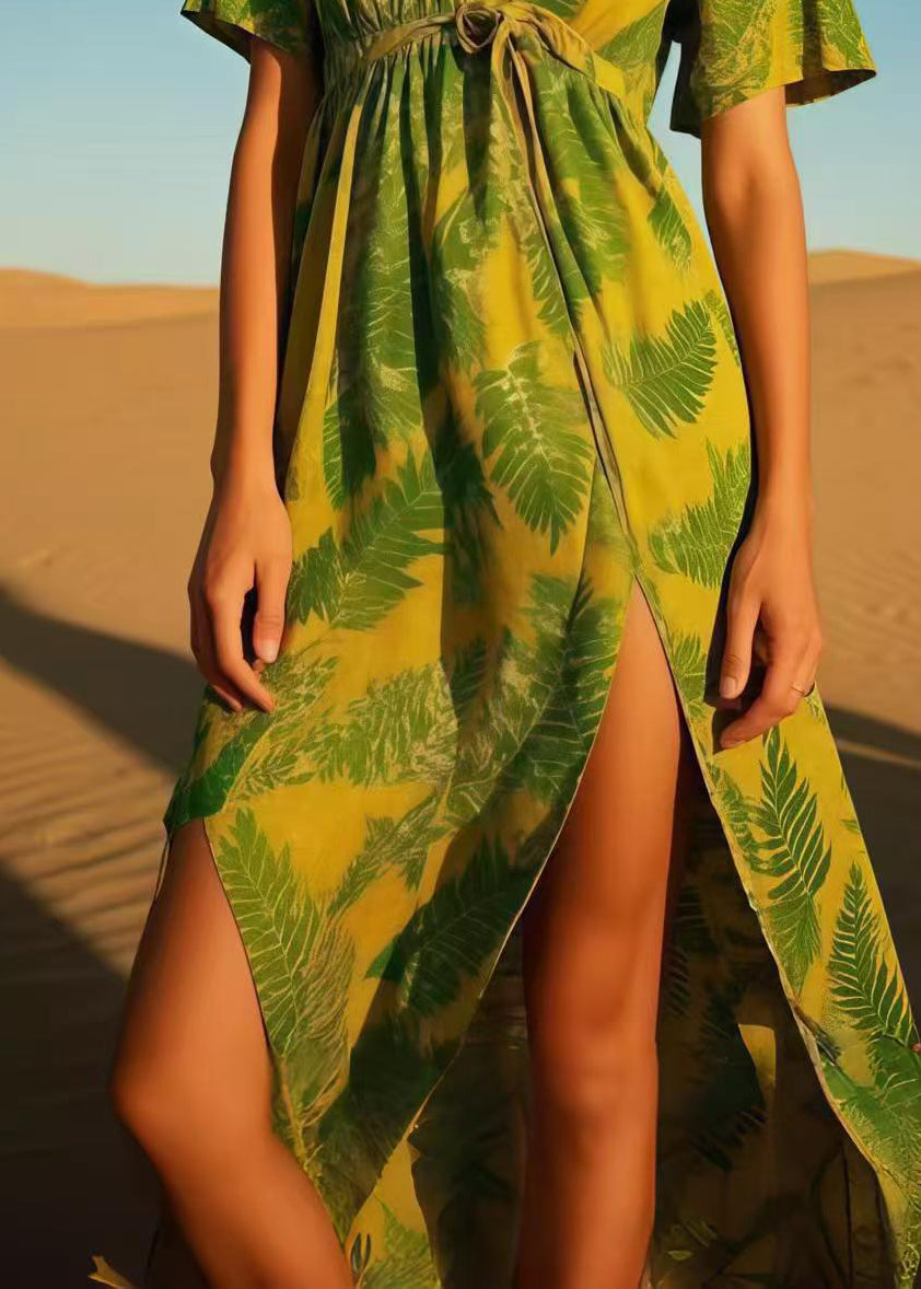Grass Green Leaf Print Cotton Dress Asymmetrical Design Summer