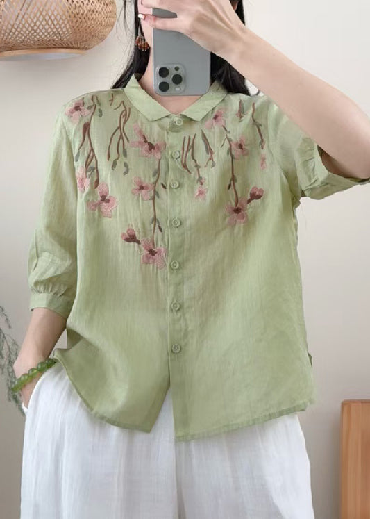 Grass Green Linen Shirt Embroidered Summer