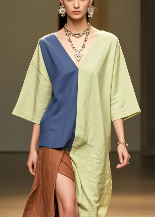 Grass Green Patchwork Cotton Dress Asymmetrical Side Open Summer