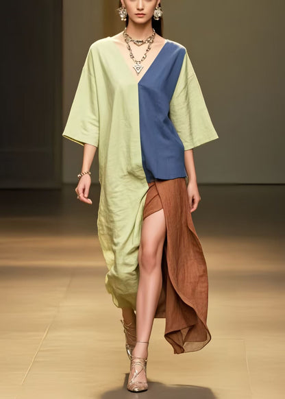 Grass Green Patchwork Cotton Dress Asymmetrical Side Open Summer