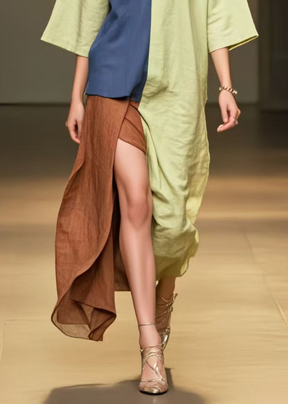 Grass Green Patchwork Cotton Dress Asymmetrical Side Open Summer