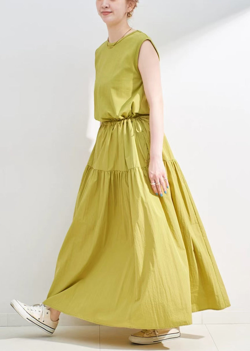 Grass Green Patchwork Cotton Long Dress Drawstring Sleeveless