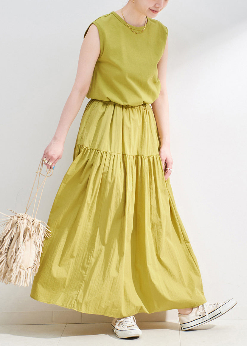Grass Green Patchwork Cotton Long Dress Drawstring Sleeveless