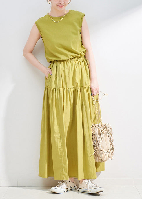 Grass Green Patchwork Cotton Long Dress Drawstring Sleeveless