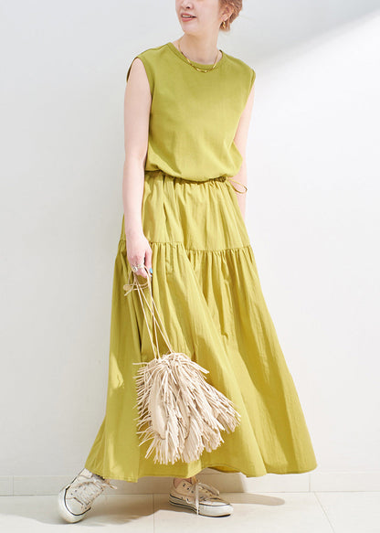 Grass Green Patchwork Cotton Long Dress Drawstring Sleeveless