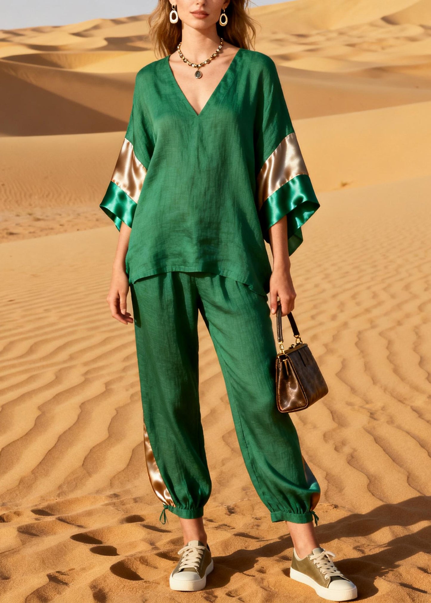 Grass Green Patchwork Linen Silk Two Pieces Set V Neck Summer