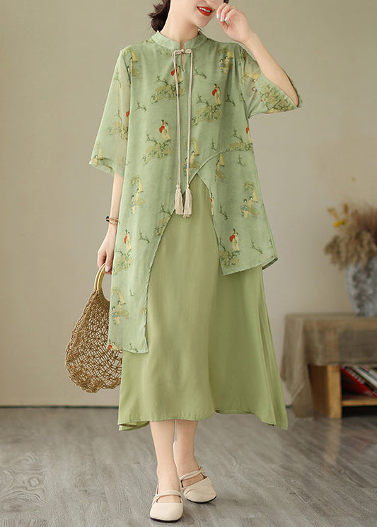 Grass Green Print Tasseled Dresses Asymmetrical Fake Two Piece Summer