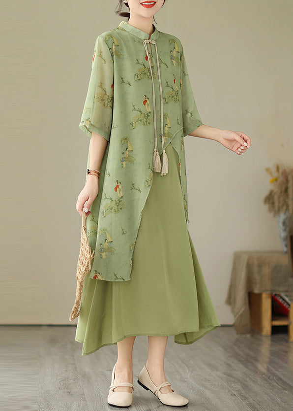 Grass Green Print Tasseled Dresses Asymmetrical Fake Two Piece Summer