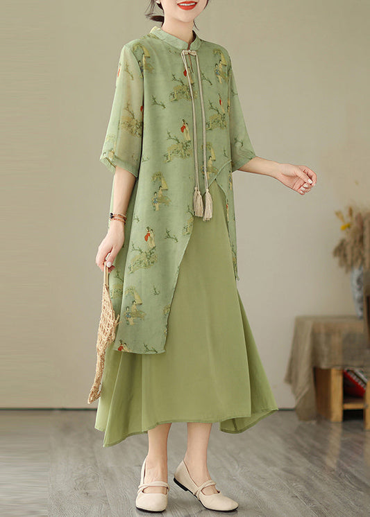 Grass Green Print Tasseled Dresses Asymmetrical Fake Two Piece Summer