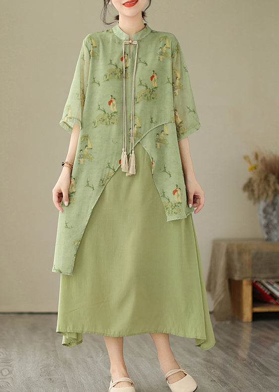 Grass Green Print Tasseled Dresses Asymmetrical Fake Two Piece Summer