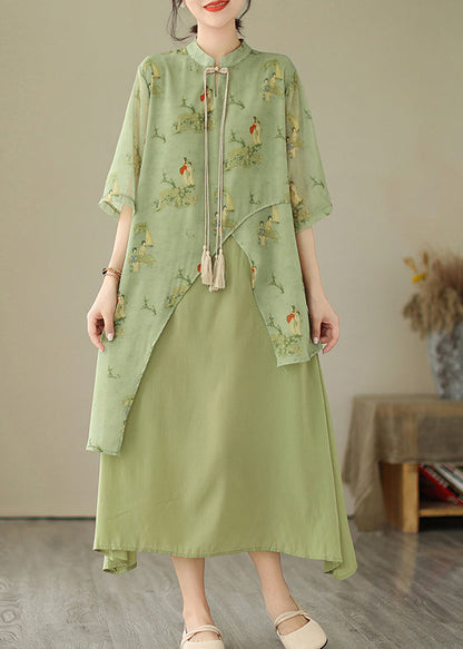 Grass Green Print Tasseled Dresses Asymmetrical Fake Two Piece Summer