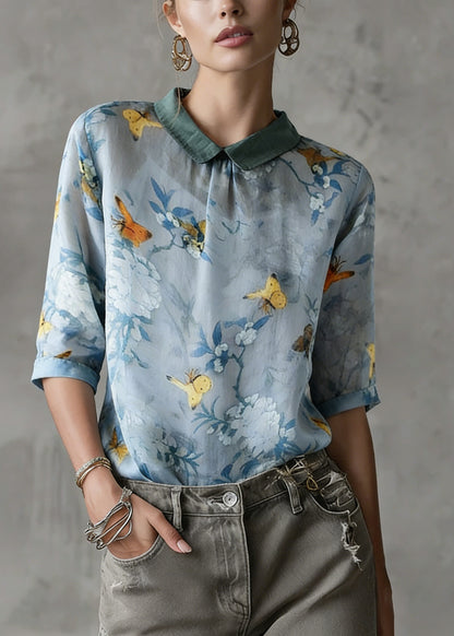 Grass Green Turn-down Collar Print Summer Shirt Half Sleeve