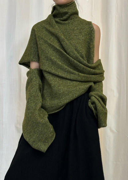 Green Asymmetrical Solid Knit Sweater Turtleneck Winter