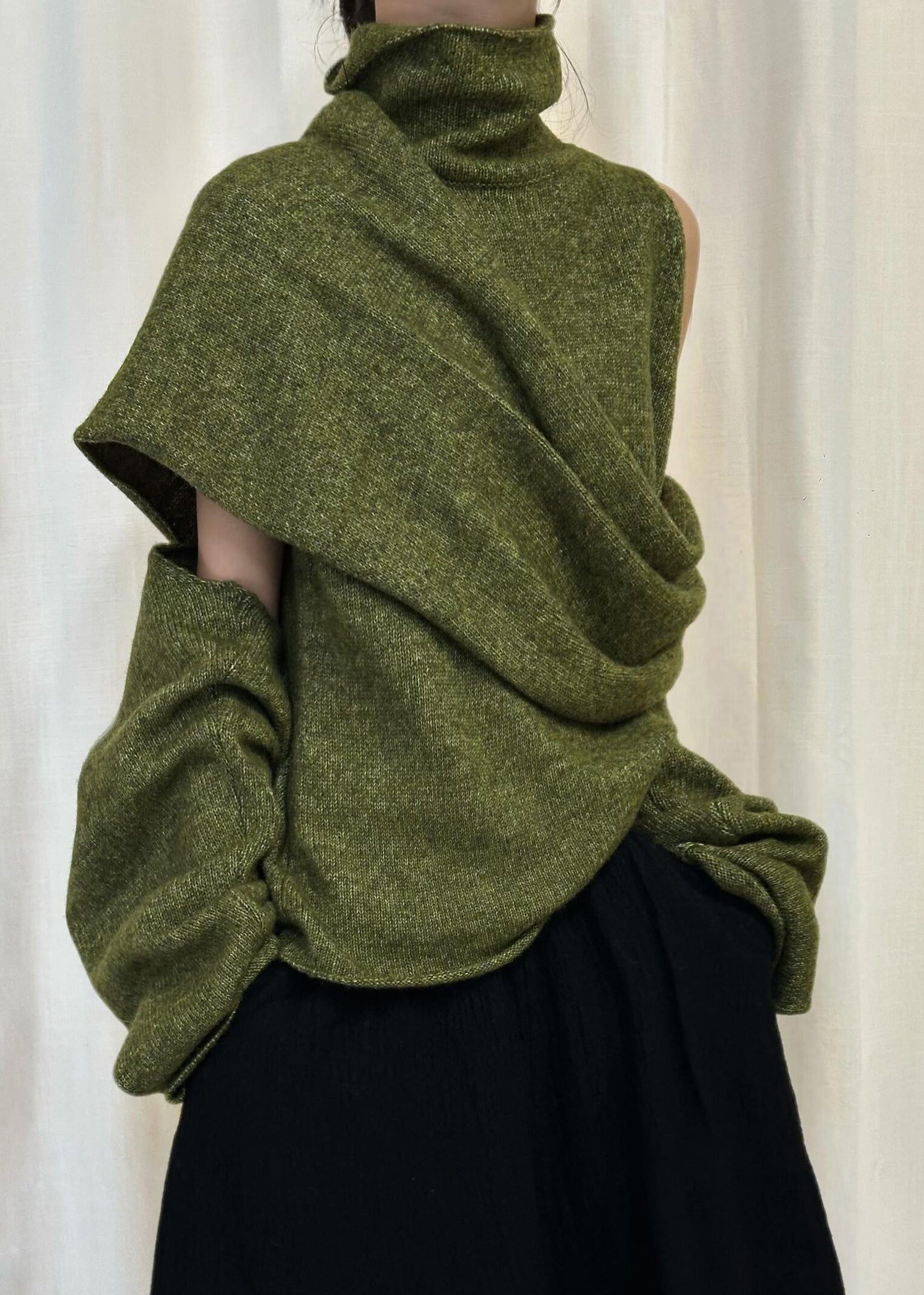 Green Asymmetrical Solid Knit Sweater Turtleneck Winter
