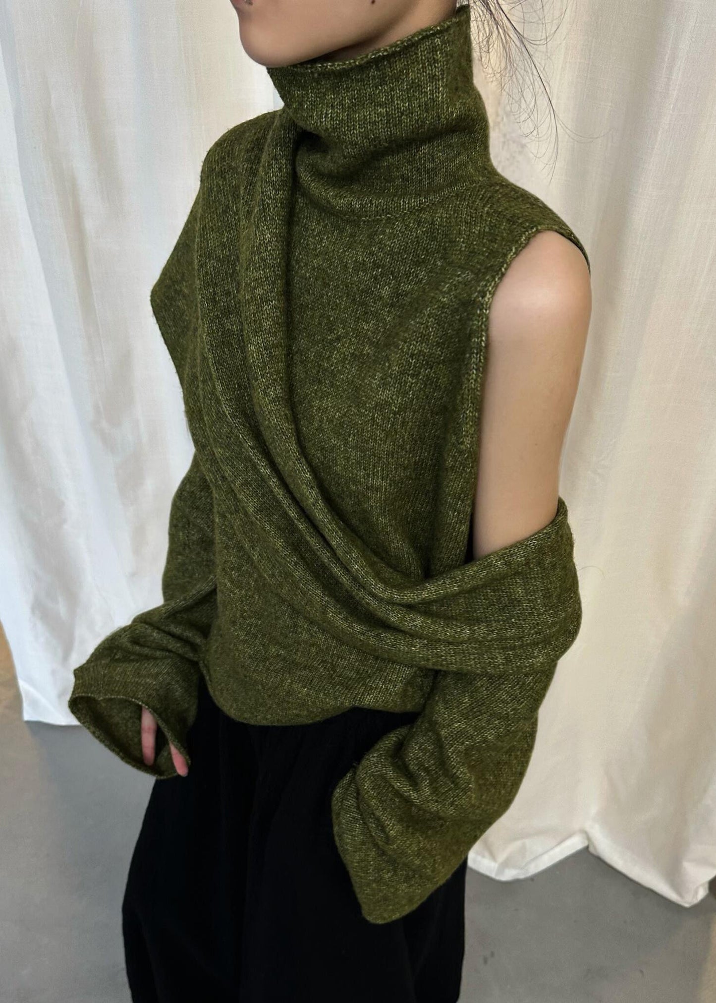 Green Asymmetrical Solid Knit Sweater Turtleneck Winter