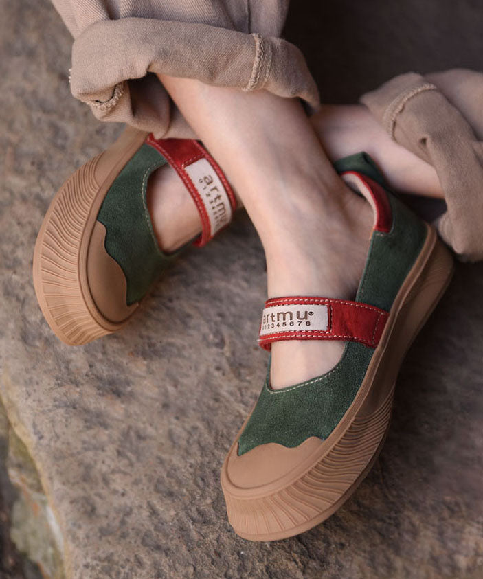 Green Buckle Strap Platform Suede Casual Splicing Flats