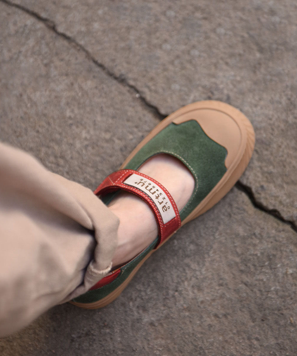Green Buckle Strap Platform Suede Casual Splicing Flats