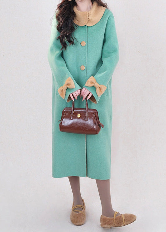 Green Button Bow Pockets Wool Coats Peter Pan Collar