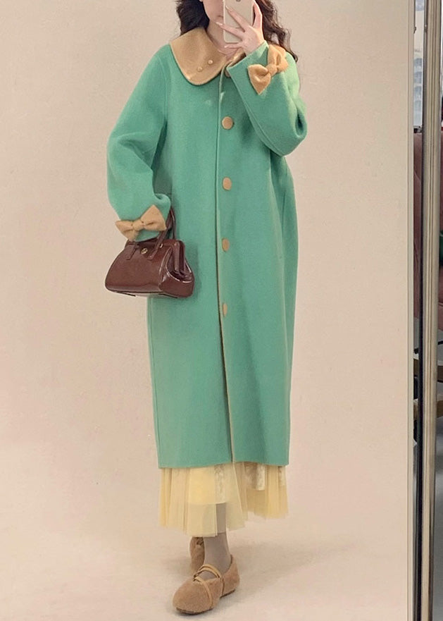 Green Button Bow Pockets Wool Coats Peter Pan Collar