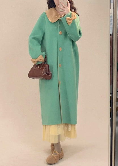 Green Button Bow Pockets Wool Coats Peter Pan Collar