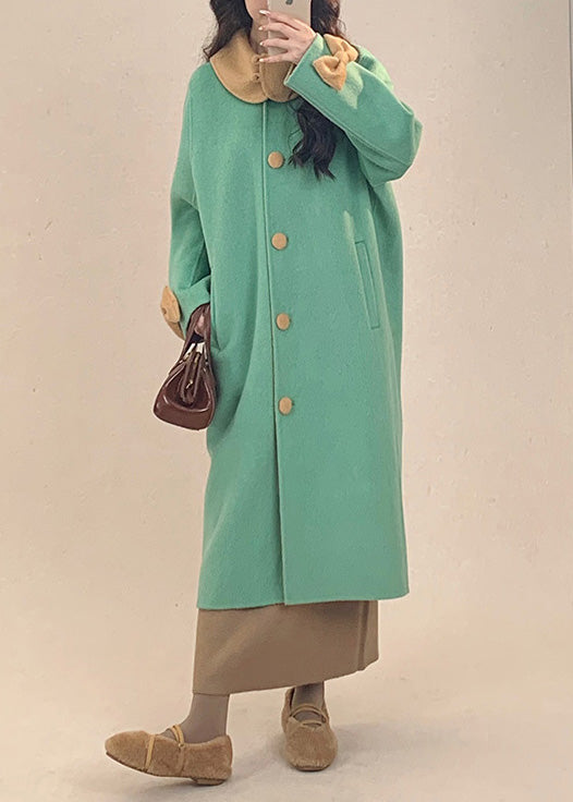 Green Button Bow Pockets Wool Coats Peter Pan Collar