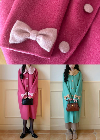 Green Button Bow Pockets Wool Coats Peter Pan Collar